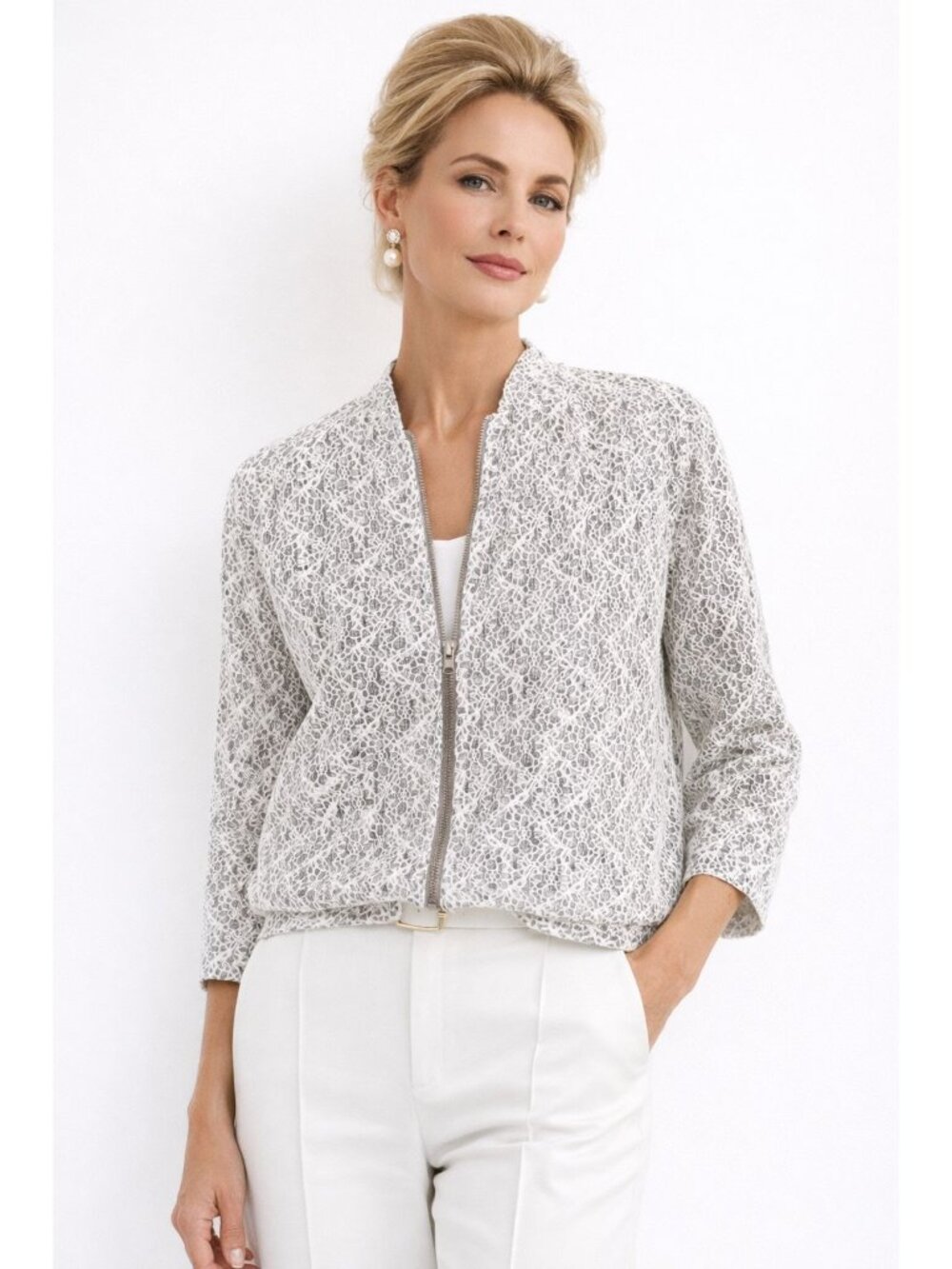 Christopher Banks Womens L Lace Zip Bomber Jacket Gray White Lightweight Lined